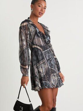 Lulus Claire Dark Navy Boho Print Wrap Mini Dress Blue - Size L